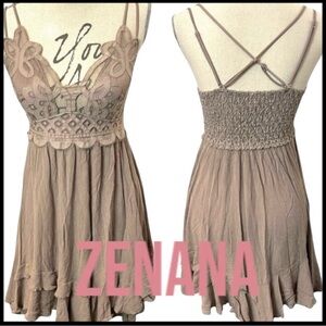 Zenana Taupe Lace Top Asymmetric Ruffle Skirt Fit & Flare Dress (XL)